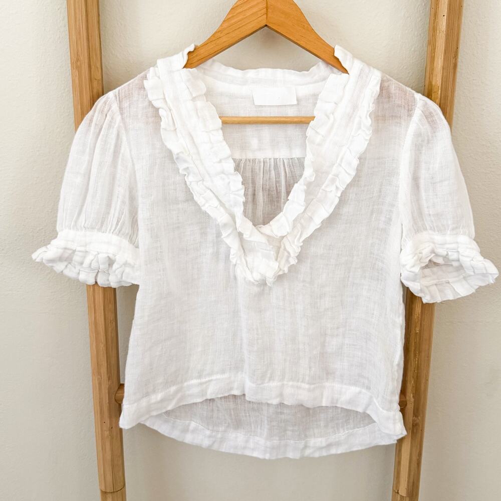 Nicole Farhi 100% Linen White Ruffle V-Neck Blouse Top Women’s Size US 4